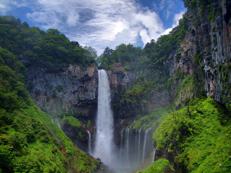 Waterfall in Canyon — Green, Dramatic, Afternoon, Photograph, Trees, Cliffs
