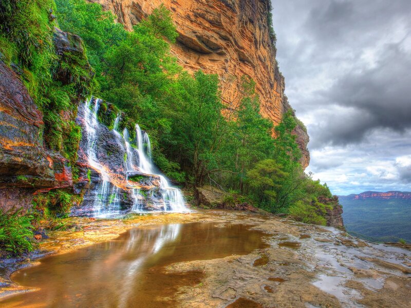 Waterfall in Canyon — Green, Dramatic, Afternoon, Photograph, Trees, Pool