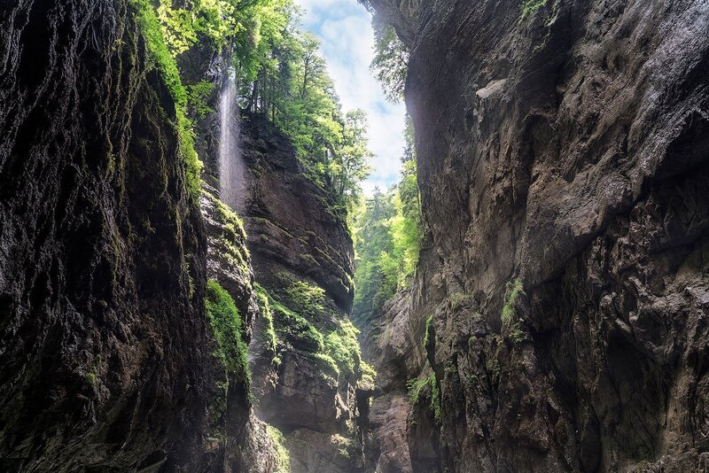 Waterfall in Canyon — Green, Dramatic, Afternoon, Photograph, Trees, Rocks