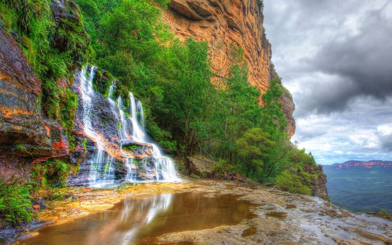 Waterfall in Canyon — Green, Dramatic, Afternoon, Photograph, Trees