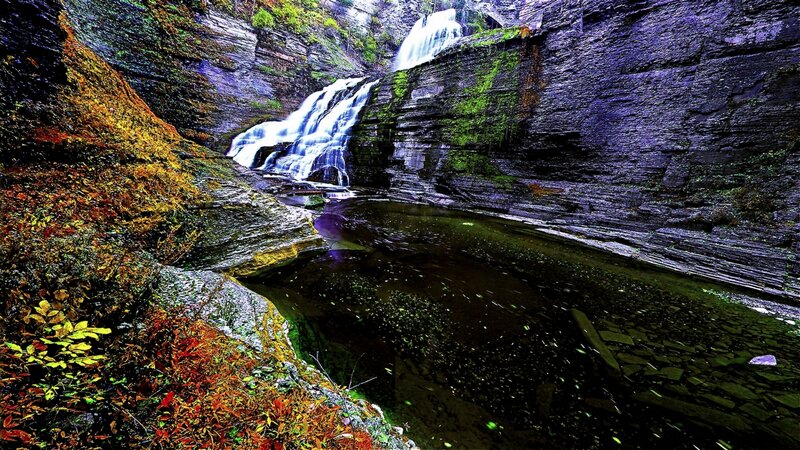 Waterfall in Canyon — Green, Dramatic, Autumn, Photograph, Pool