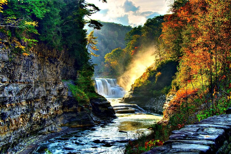 Waterfall in Canyon — Green, Dramatic, Autumn, Photograph, Trees, River