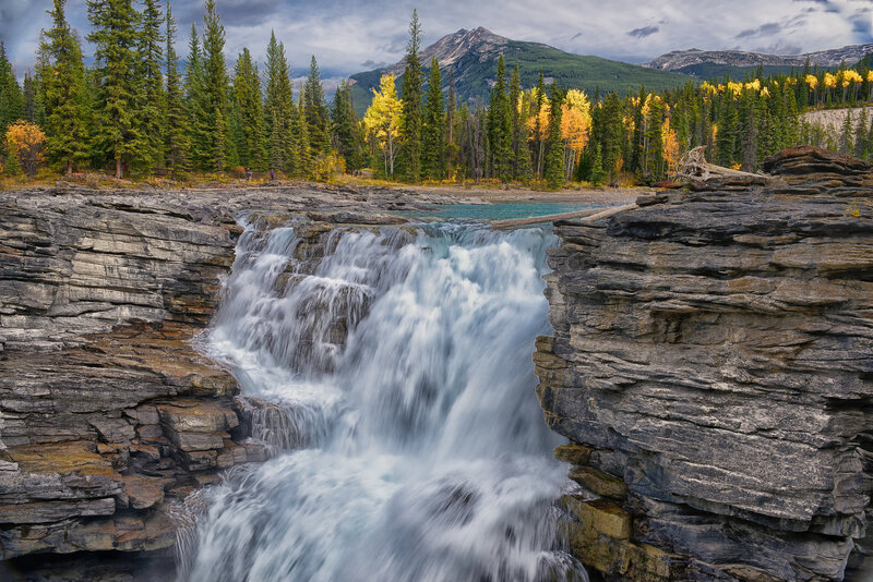 Waterfall in Canyon — Green, Dramatic, Autumn, Photograph, Trees