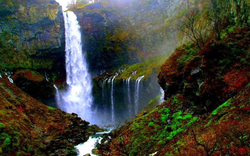 Waterfall in Canyon — Green, Dramatic, Autumn