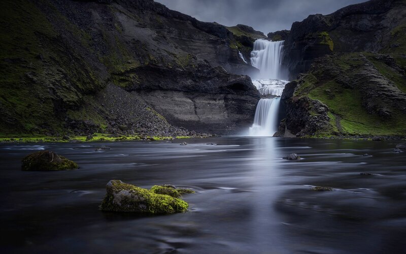 Waterfall in Canyon — Green, Dramatic, Night, Photograph