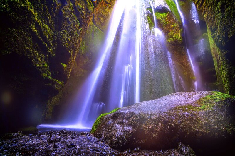 Waterfall in Canyon — Green, Dramatic, Night
