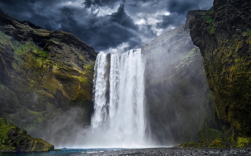Waterfall in Canyon — Green, Dramatic, Photograph, Clouds