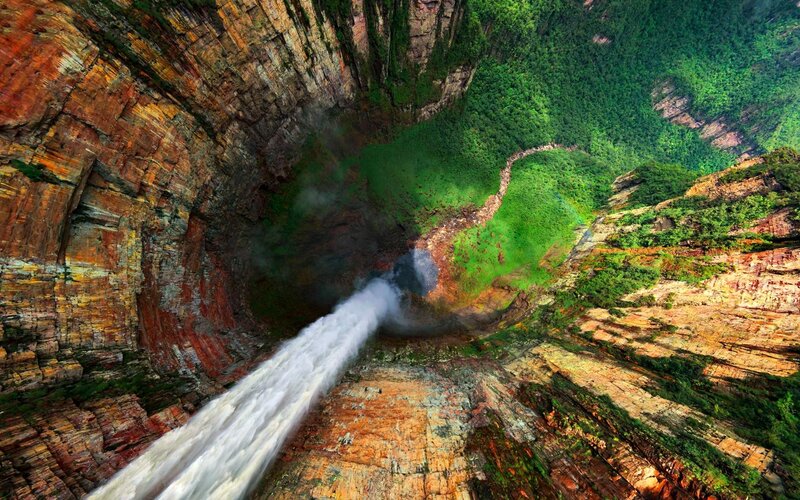 Waterfall in Canyon — Green, Dramatic, Photograph, Forest, River