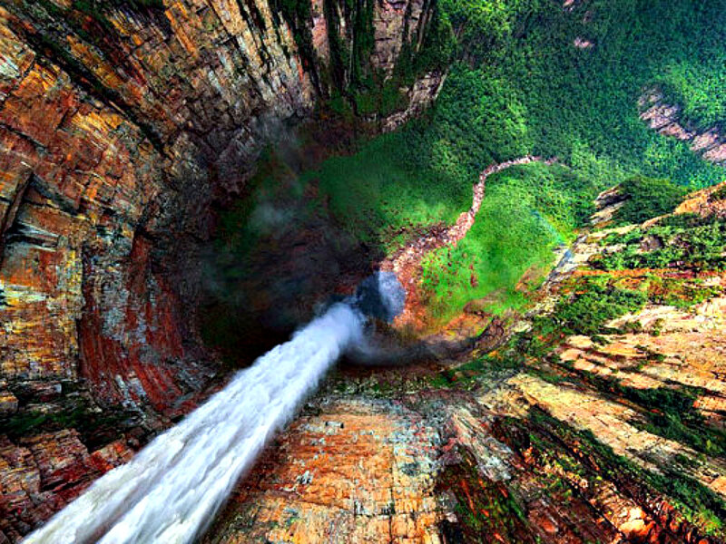 Waterfall in Canyon — Green, Dramatic, Photograph, Greenery, Rock