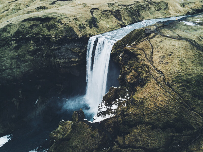 Waterfall in Canyon — Green, Dramatic, Photograph, River, Cliff