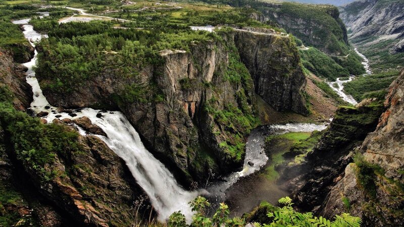 Waterfall in Canyon — Green, Dramatic, Photograph, River, Cliffs