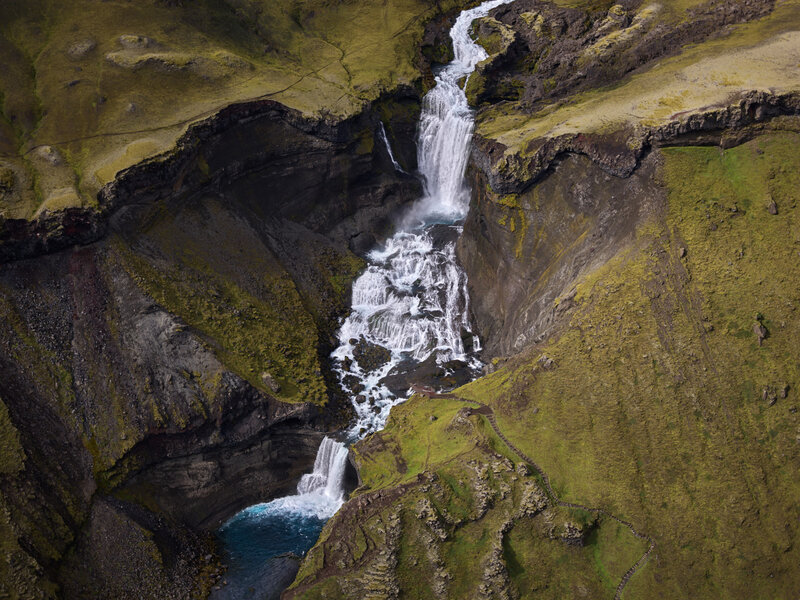 Waterfall in Canyon — Green, Dramatic, Photograph, River, Moss