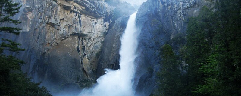 Waterfall in Canyon — Green, Dramatic, Photograph, Trees, Cliffs