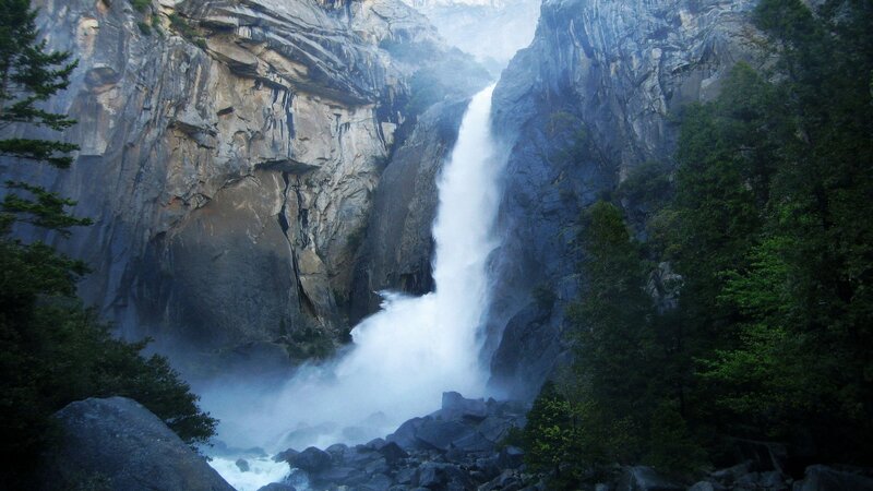 Waterfall in Canyon — Green, Dramatic, Photograph, Trees, Rocks, Mist
