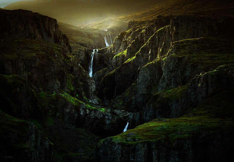Waterfall in Canyon — Green, Dramatic, Sunset, Photograph, Moss