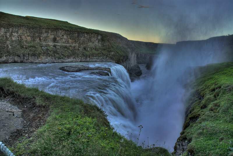 Waterfall in Canyon — Green, Dramatic, Sunset, Photograph, River, Cliff
