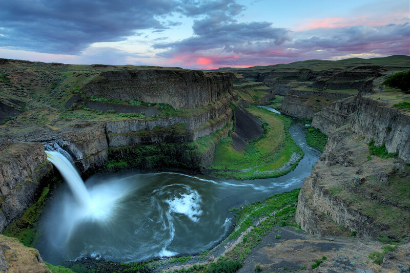 Waterfall in Canyon — Green, Dramatic, Sunset, Photograph, River, Cliffs