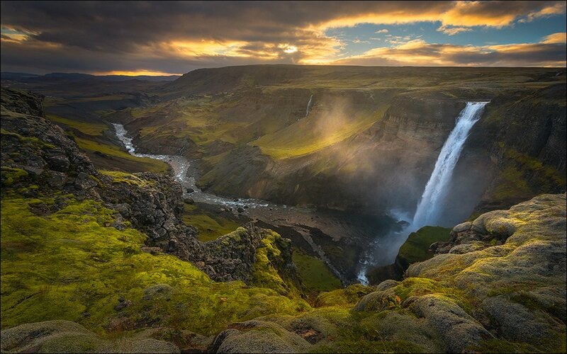 Waterfall in Canyon — Green, Dramatic, Sunset, Photograph, River, Clouds