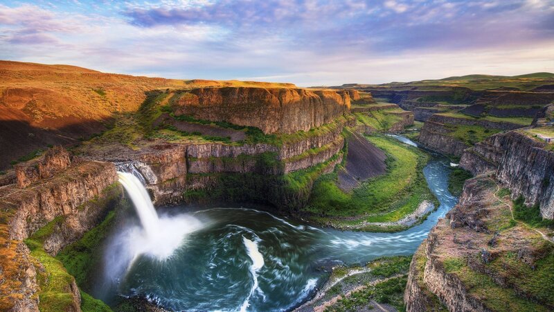 Waterfall in Canyon — Green, Dramatic, Sunset, Photograph, River
