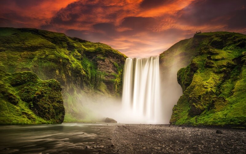 Waterfall in Canyon — Green, Dramatic, Sunset, Photograph, Sky