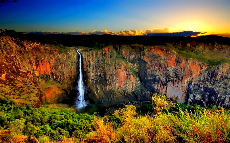 Waterfall in Canyon — Green, Dramatic, Sunset, Photograph
