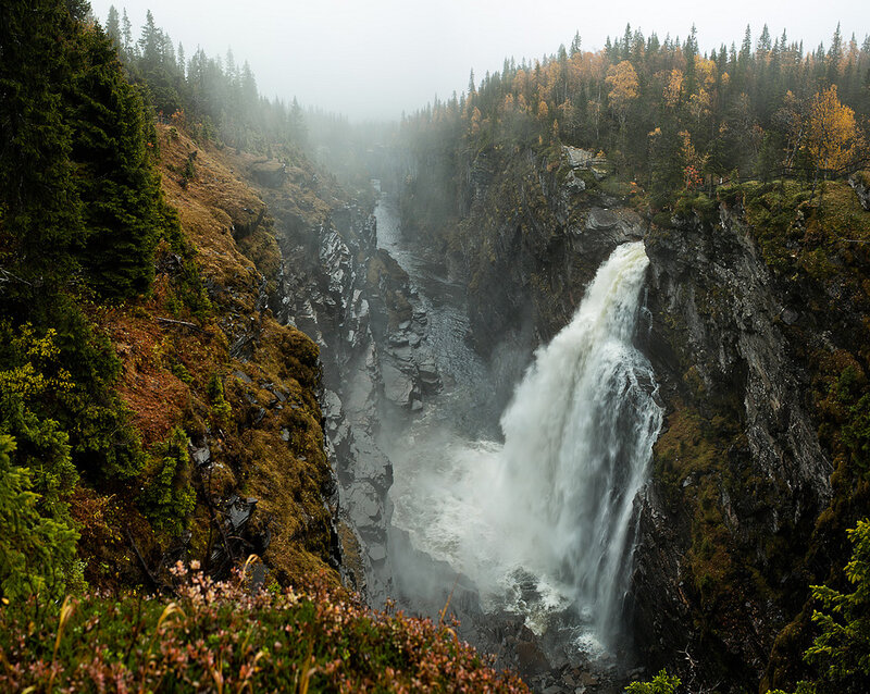 Waterfall in Canyon — Green, Misty