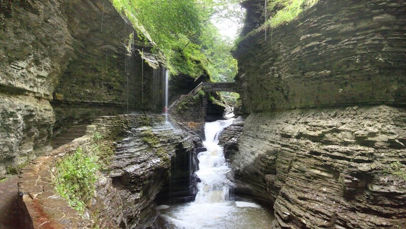 Waterfall in Canyon — Green, Natural, Afternoon, Photograph, Bridge, Trees