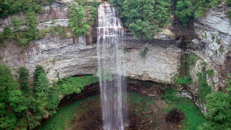 Waterfall in Canyon — Green, Natural, Photograph, Trees