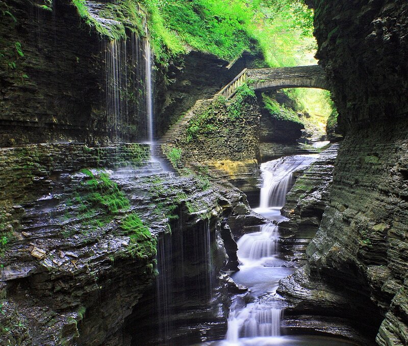 Waterfall in Canyon — Green, Serene, Afternoon, Photograph, Bridge, Moss