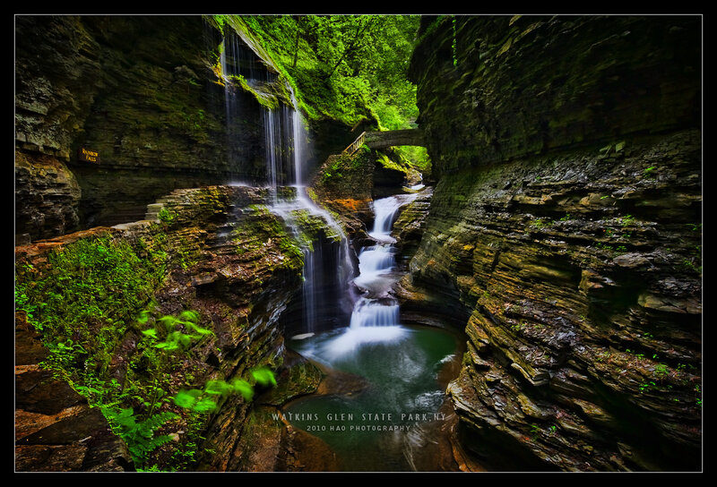 Waterfall in Canyon — Green, Serene, Afternoon, Photograph, Bridge, Vegetation