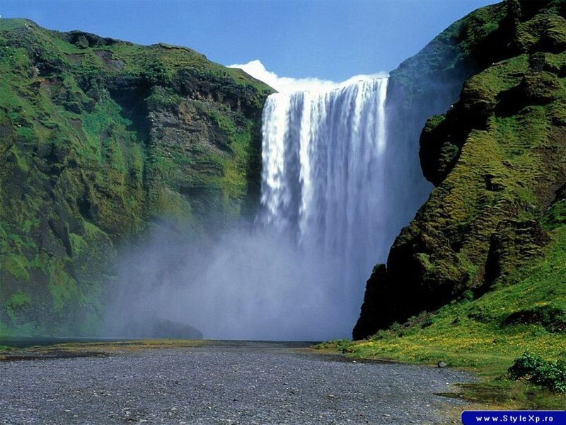 Waterfall in Canyon — Green, Serene, Afternoon, Photograph, Moss, River, Blue