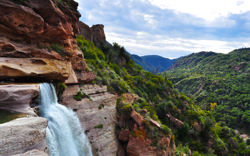 Waterfall in Canyon — Green, Serene, Afternoon, Photograph, Mountains