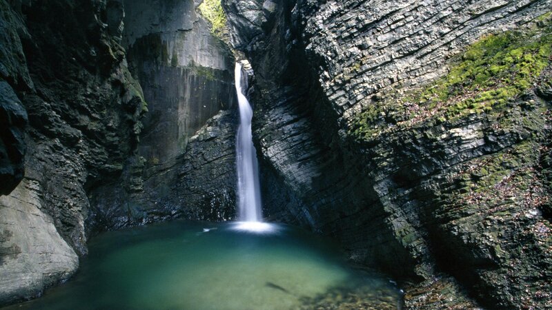 Waterfall in Canyon — Green, Serene, Afternoon, Photograph, Pool, Moss, Gray