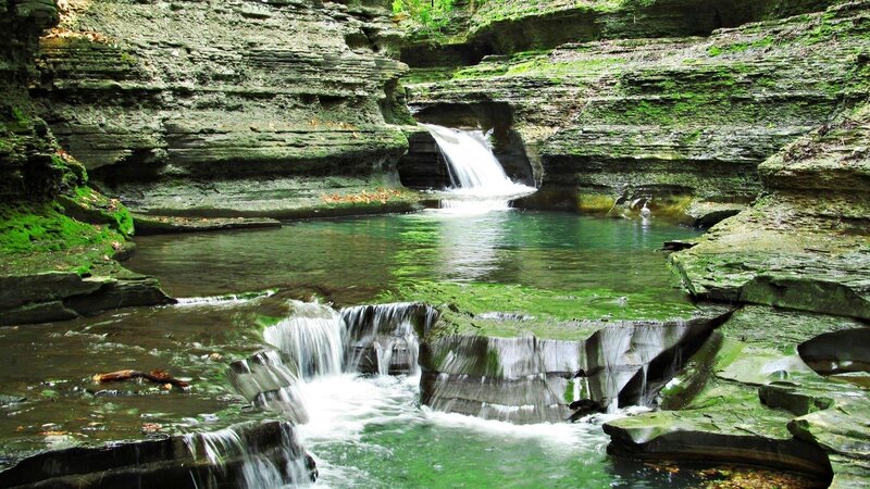 Waterfall in Canyon — Green, Serene, Afternoon, Photograph, Pool, Rocks, Moss