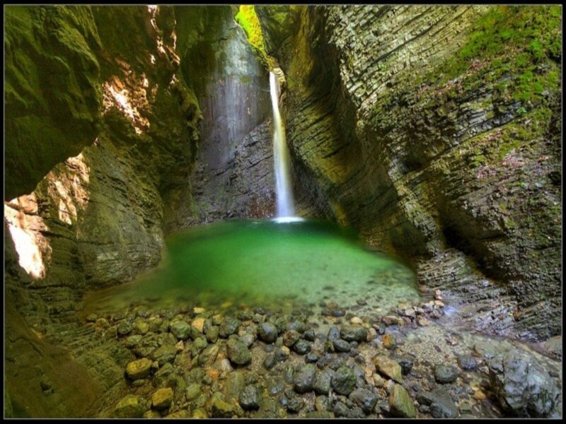 Waterfall in Canyon — Green, Serene, Afternoon, Photograph, Pool, Rocks