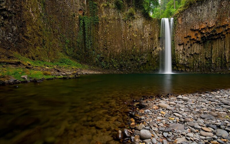 Waterfall in Canyon — Green, Serene, Afternoon, Photograph, Pool, Rocks, Trees, Brown