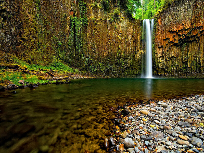 Waterfall in Canyon — Green, Serene, Afternoon, Photograph, Pool, Rocks, Trees