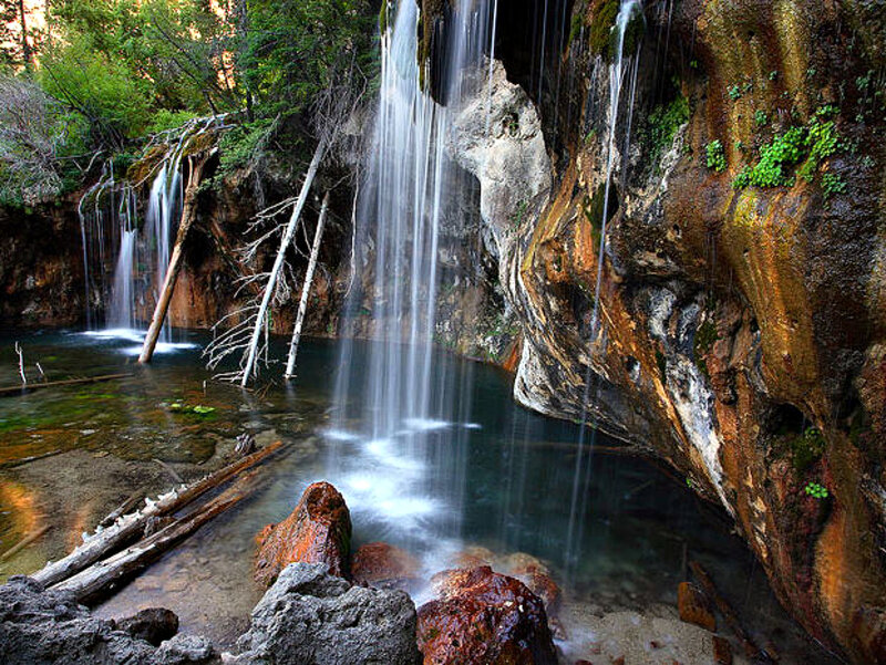 Waterfall in Canyon — Green, Serene, Afternoon, Photograph, Pool, Trees, Rocks