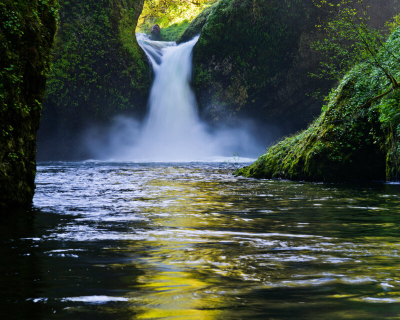 Waterfall in Canyon — Green, Serene, Afternoon, Photograph, River, Moss