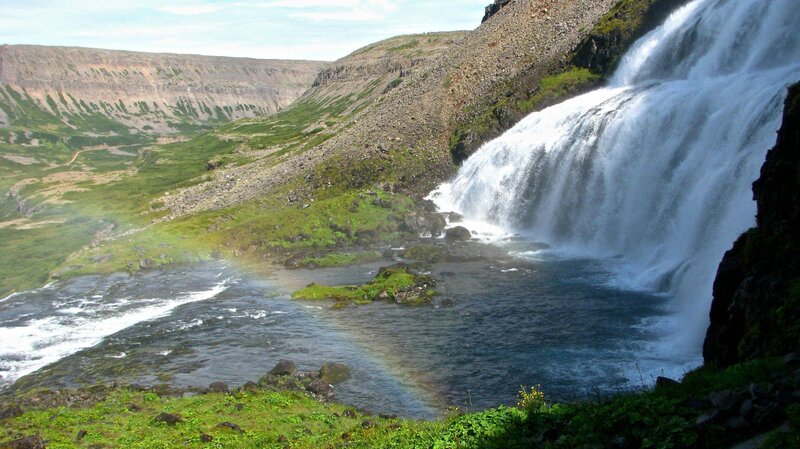 Waterfall in Canyon — Green, Serene, Afternoon, Photograph, River, Rainbow