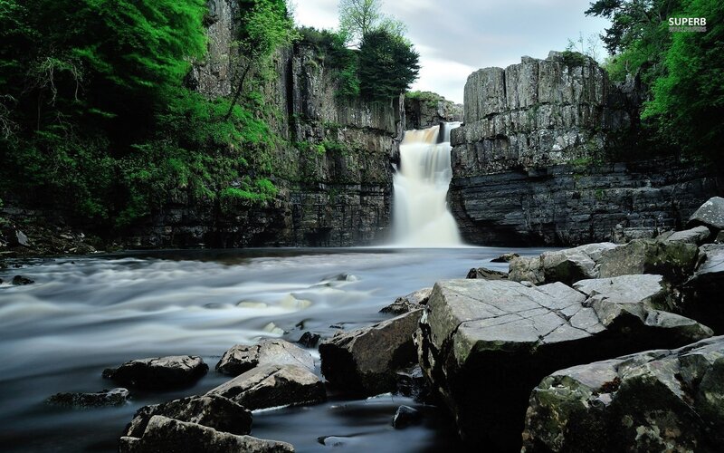 Waterfall in Canyon — Green, Serene, Afternoon, Photograph, River, Trees, Rocks, Gray