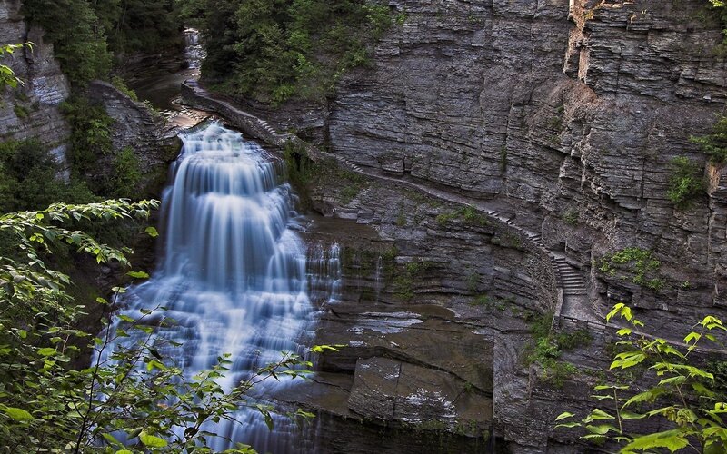 Waterfall in Canyon — Green, Serene, Afternoon, Photograph, Stairs