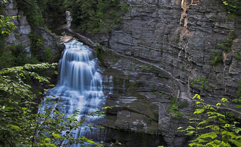 Waterfall in Canyon — Green, Serene, Afternoon, Photograph, Stairs, Trees