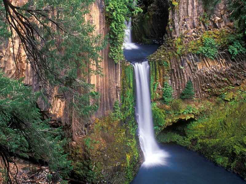 Waterfall in Canyon — Green, Serene, Afternoon, Photograph, Trees, Moss, River, Brown