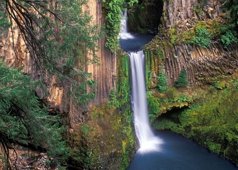 Waterfall in Canyon — Green, Serene, Afternoon, Photograph, Trees, Moss, River