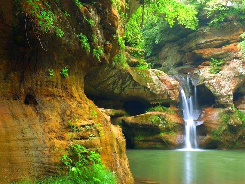 Waterfall in Canyon — Green, Serene, Afternoon, Photograph, Trees, Pool, Brown, White