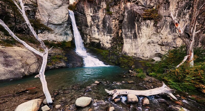 Waterfall in Canyon — Green, Serene, Afternoon, Photograph, Trees, Pool, Driftwood