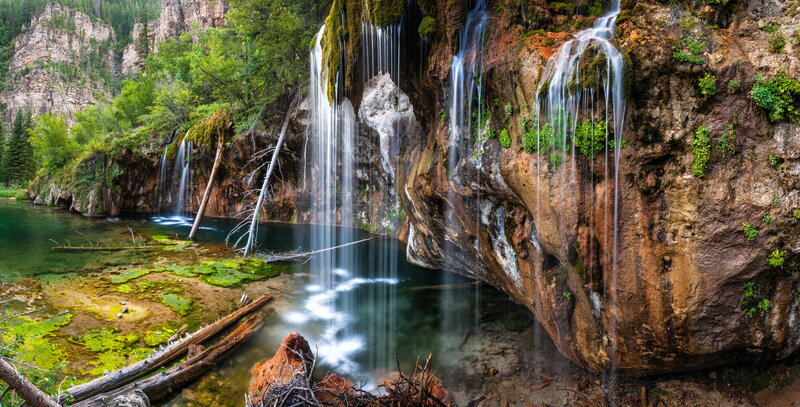 Waterfall in Canyon — Green, Serene, Afternoon, Photograph, Trees, Pool, Rocks