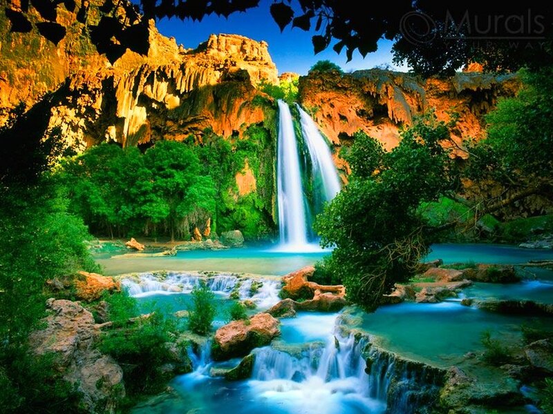 Waterfall in Canyon — Green, Serene, Afternoon, Photograph, Trees, Rocks, River