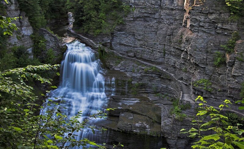 Waterfall in Canyon — Green, Serene, Afternoon, Photograph, Trees, Stairs, Gray, Blue